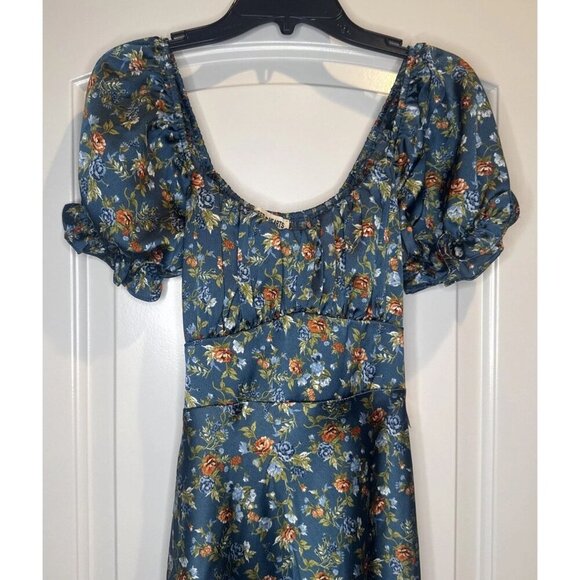 Inspired Hearts Colorful Floral Satin Milk Maid Peasant Midi Dress Sz S NEW - Picture 2 of 11